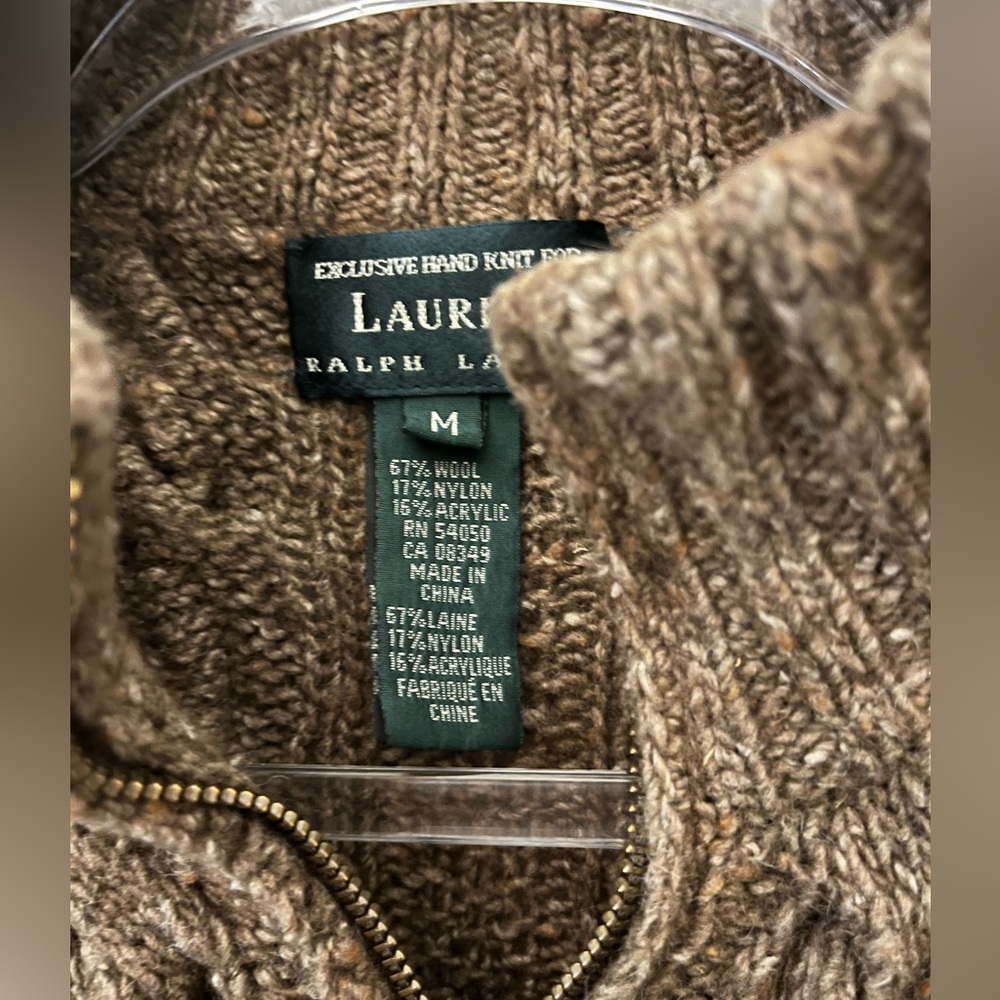 Lauren Ralph Lauren Hand Knit Brown Cable Knit 1/4 zip Sweater size Medium - Picture 7 of 13